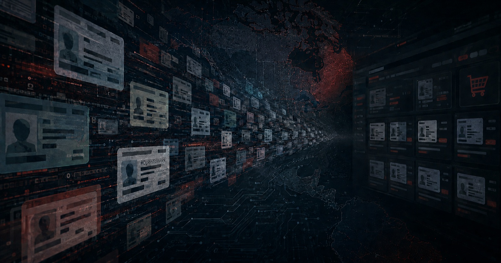 Rows of glowing scanned identification cards receding down a dark digital corridor over a map of North America, toward a marketplace screen with a shopping cart